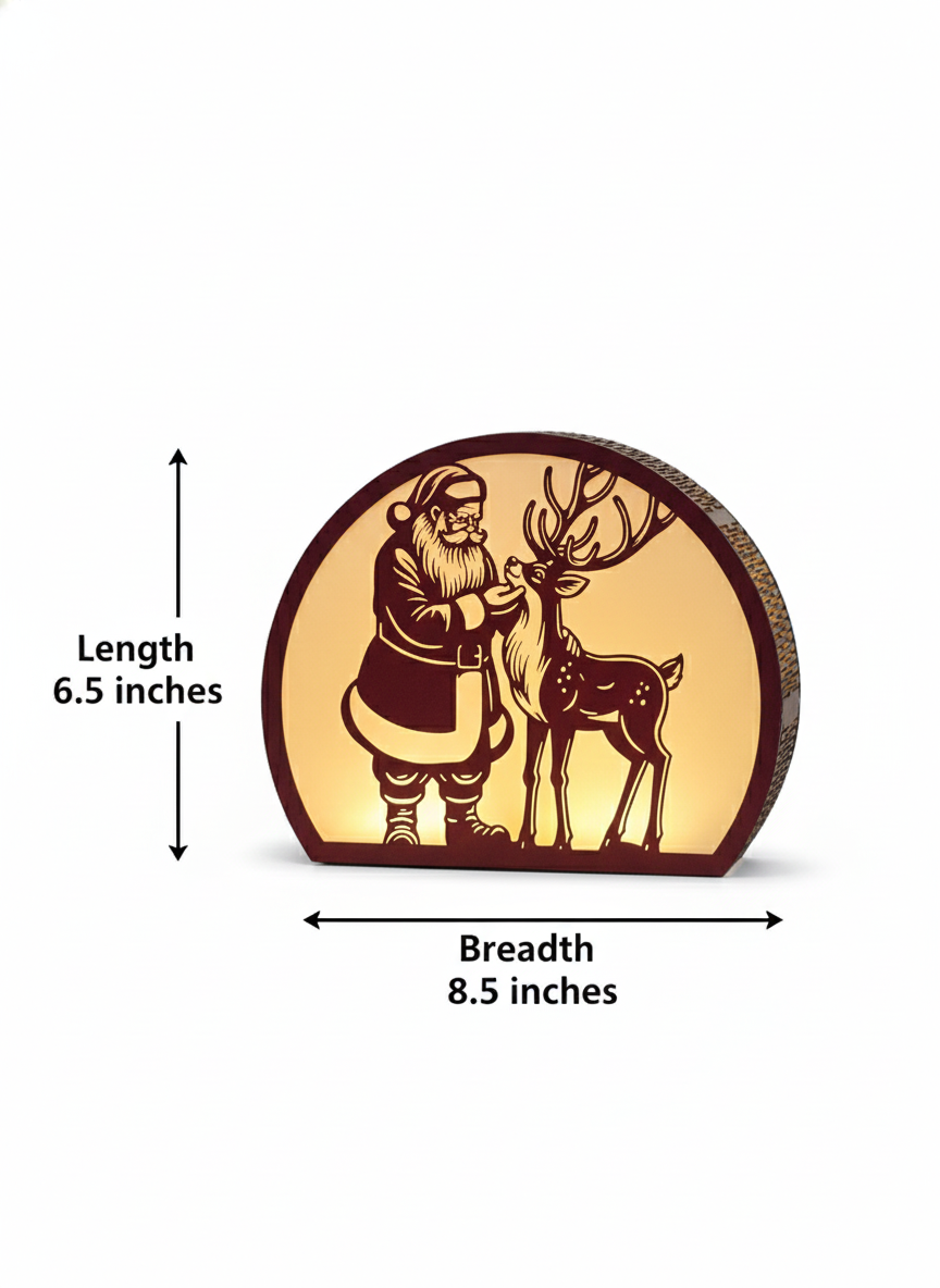 MaxxxMart - Illuminated Santa and Reindeer Wooden Lantern 8.5x6.5 (Inches)