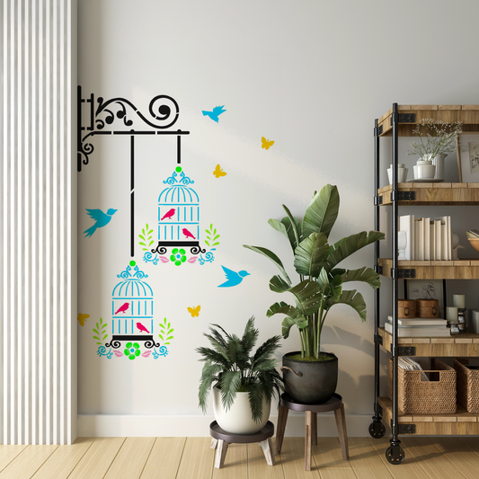MaxxxMart - Butterfly And Birds Cage Wall Stencil (Inches)