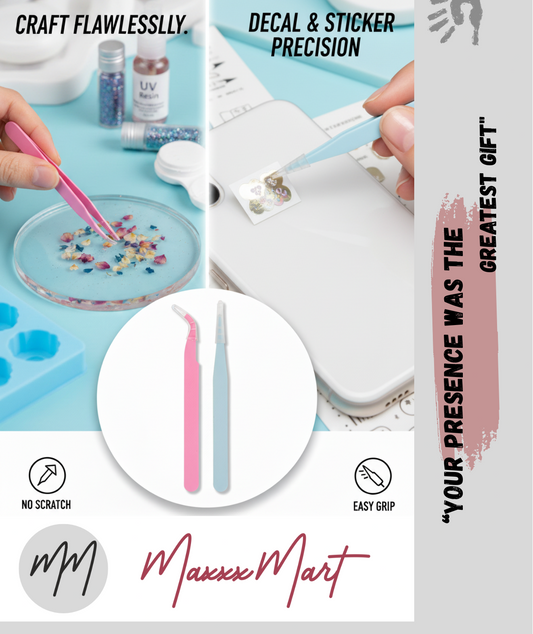 MaxxxMart - 5-Inch Stainless Steel Craft Tweezers Set (Curved & Straight Tip)