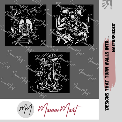 Maxxxmart - Train Tunnel, Koala Family, Kids in Rain wall stencil (Inches)