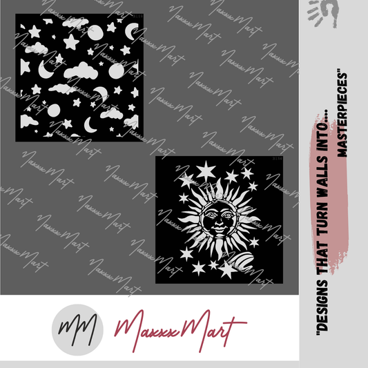 Maxxxmart - Sun and Stars Cosmos Design Wall stencil (Inches)