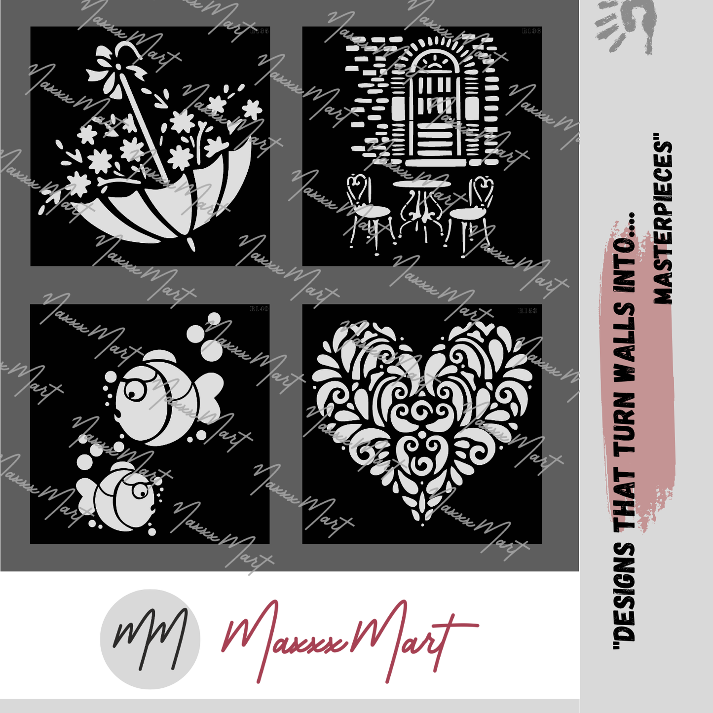 MaxxxMart - Street Corner, Valentine Design, Blooms Garden, Fish Duo Wall stencil (Inches)