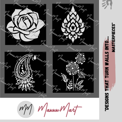 Maxxxmart - Classic Rose, Heritage Teardrop, Paisley,  Dandelion Burst Wall Stencil(Inches)