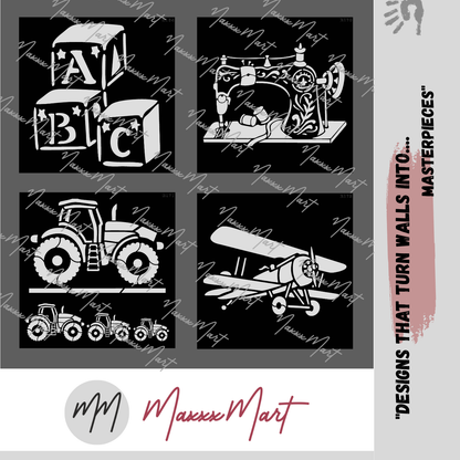 MaxxxMart - Sewing Machine, Vintage Aviator,  Tractor, Toy Blocks Wall Stencils (Inches)
