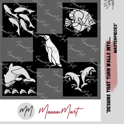MaxxxMart - Fishes, Dolphin and Penguins Wall Stencil (Inches)
