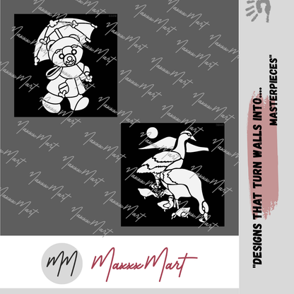 MaxxxMart - Goose And Bear with Umbrella Wall Stencil (Inches)