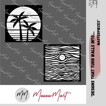 MaxxxMart - Tropical Sunset Waves And Palm Tree Silhouette Stencil Wall Stencil (Inches)