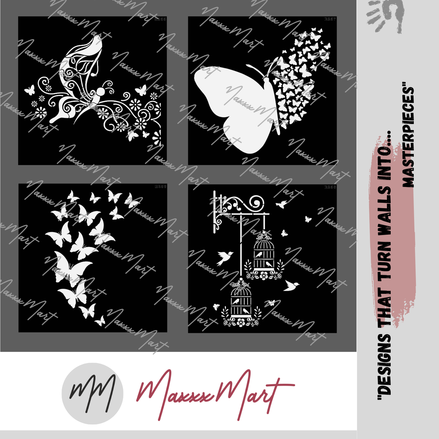 MaxxxMart - Butterfly And Birds Cage Wall Stencil (Inches)