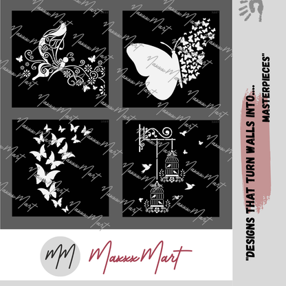 MaxxxMart - Butterfly And Birds Cage Wall Stencil (Inches)