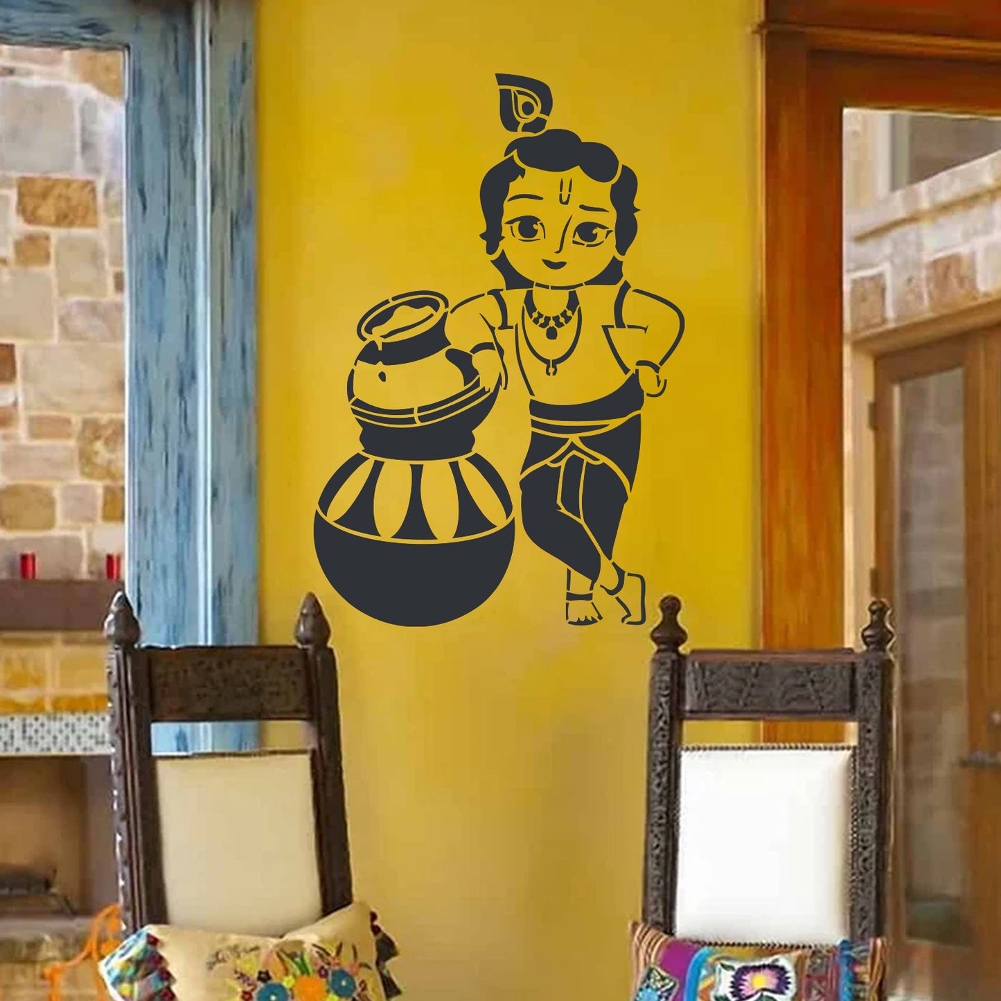 Maxxxmart Baby Krishna Wall Stencli – Cute Bal Krishna in Mischievous Pose – Multicolor Vinyl Decal for Home Temple & Kids Room