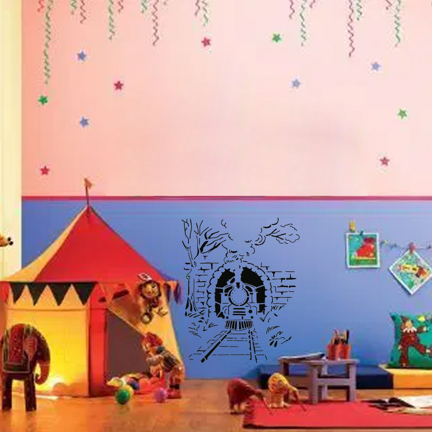 Maxxxmart - Train Tunnel, Koala Family, Kids in Rain wall stencil (Inches)