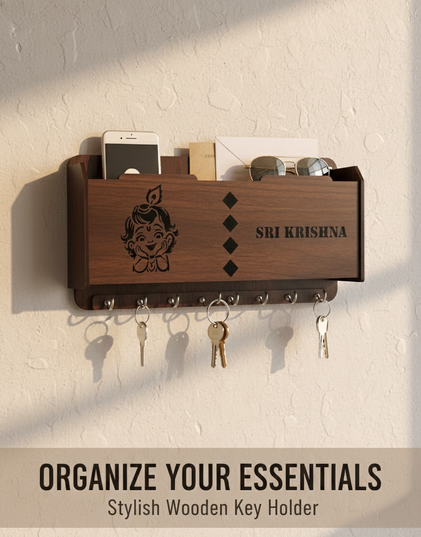 Sri Krishna Wooden Key & Mail Holder