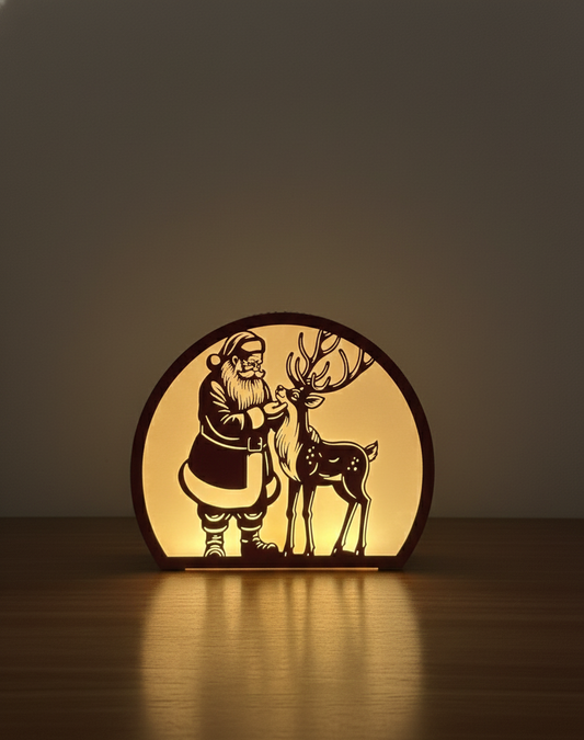 MaxxxMart - Illuminated Santa and Reindeer Wooden Lantern 8.5x6.5 (Inches)
