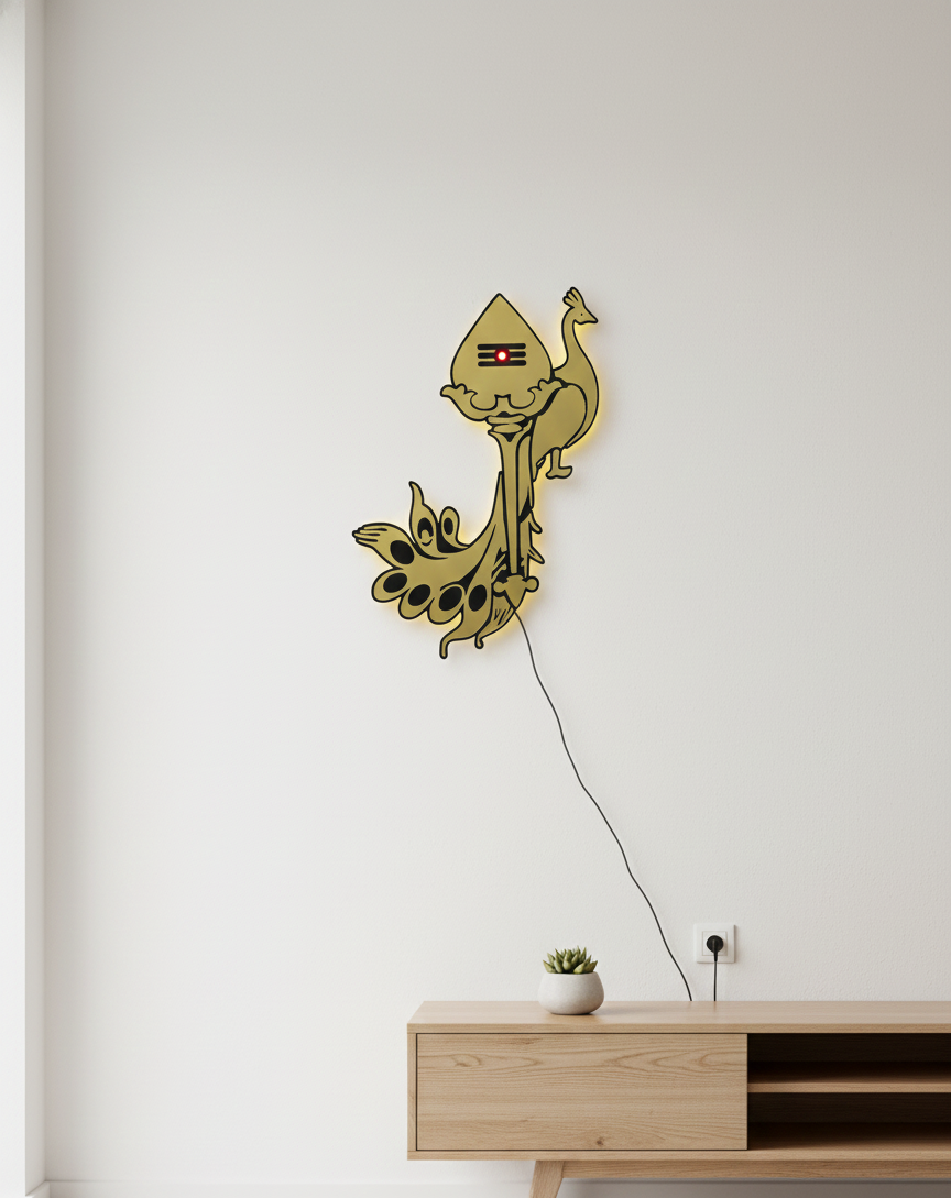 Murugan Vel Peacock Wall Decor with Light - 17x12 Inches