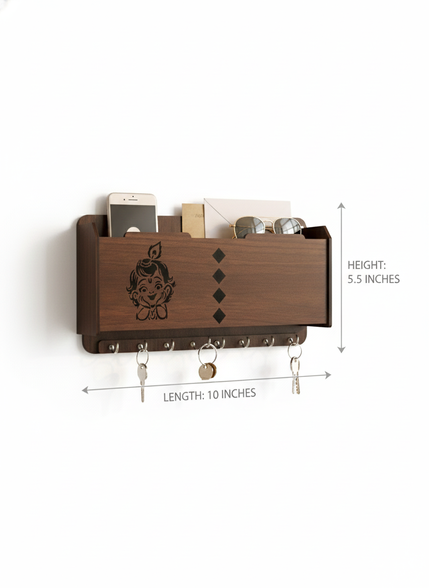 Sri Krishna Wooden Key & Mail Holder
