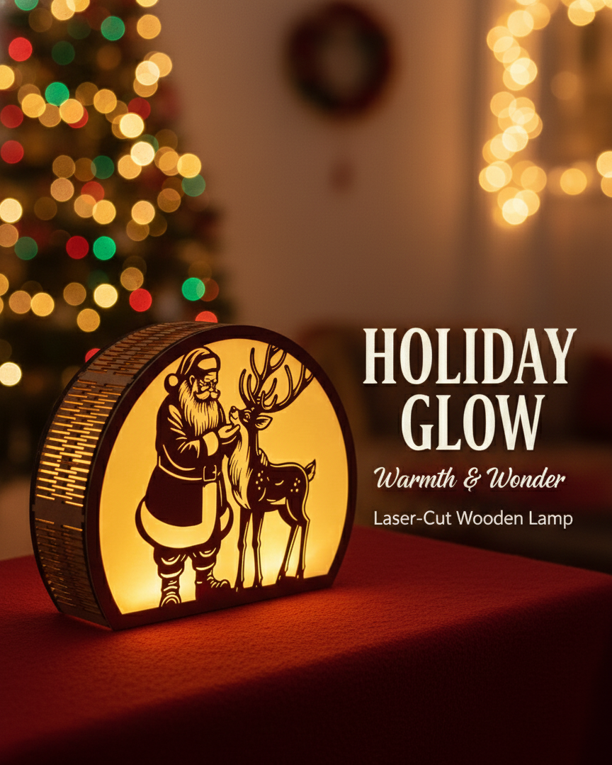 MaxxxMart - Illuminated Santa and Reindeer Wooden Lantern 8.5x6.5 (Inches)