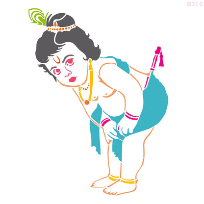 Maxxxmart Baby Krishna Wall Stencli – Cute Bal Krishna in Mischievous Pose – Multicolor Vinyl Decal for Home Temple & Kids Room