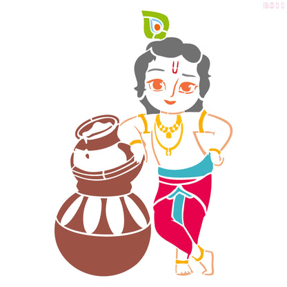 Maxxxmart Baby Krishna Wall Stencli – Cute Bal Krishna in Mischievous Pose – Multicolor Vinyl Decal for Home Temple & Kids Room