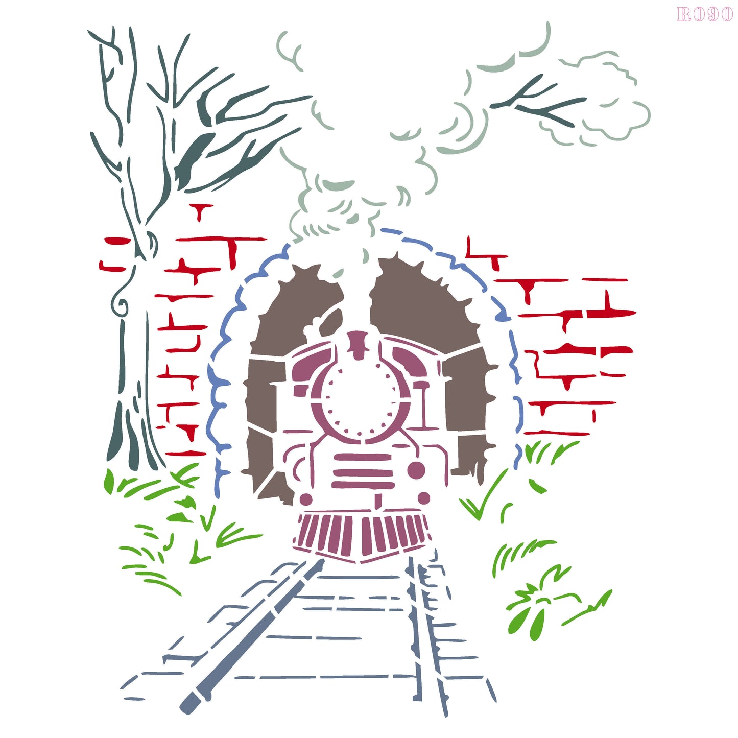 Maxxxmart - Train Tunnel, Koala Family, Kids in Rain wall stencil (Inches)