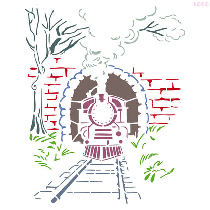 Maxxxmart - Train Tunnel, Koala Family, Kids in Rain wall stencil (Inches)