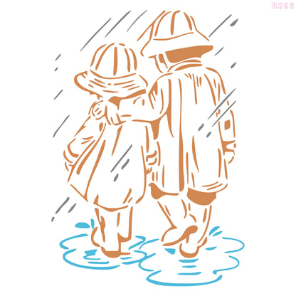 Maxxxmart - Train Tunnel, Koala Family, Kids in Rain wall stencil (Inches)