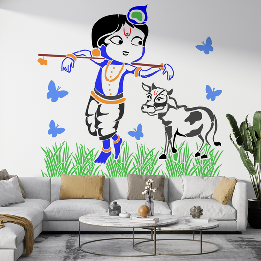 Maxxxmart - Lord Krishna and Calf Wall Stencil (Inches)