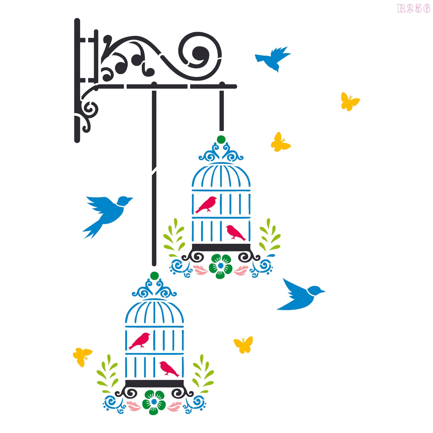 MaxxxMart - Butterfly And Birds Cage Wall Stencil (Inches)