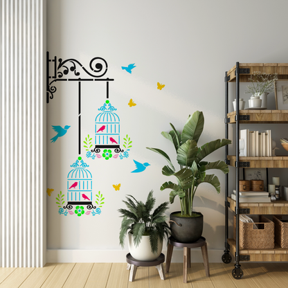 MaxxxMart - Butterfly And Birds Cage Wall Stencil (Inches)