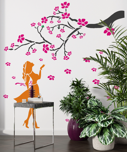 MaxxxMart - Girl Swing in Tree Wall Stencil (Inches)