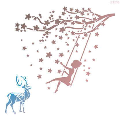 MaxxxMart - Girl Swing in Tree Wall Stencil (Inches)