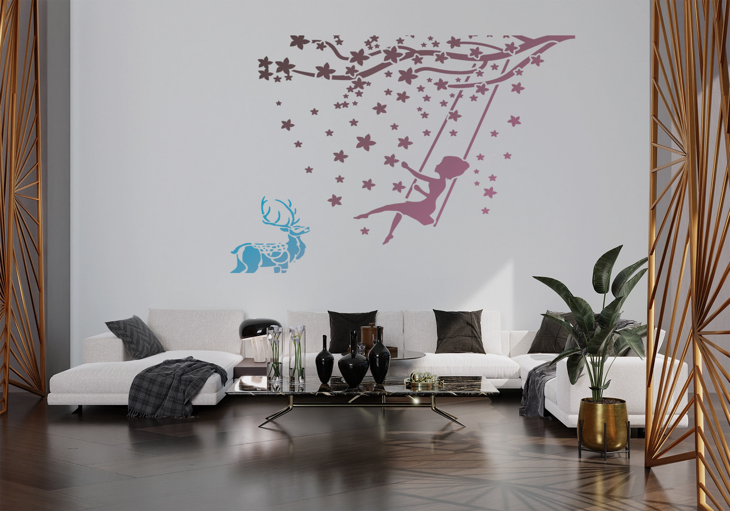 MaxxxMart - Girl Swing in Tree Wall Stencil (Inches)