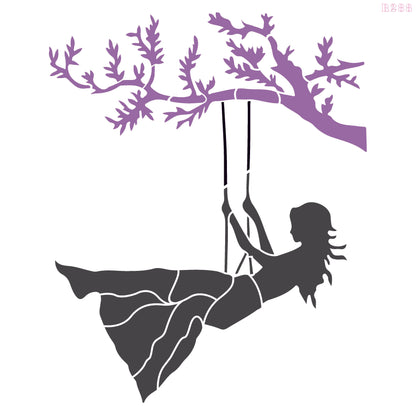 MaxxxMart - Girl Swing in Tree Wall Stencil (Inches)