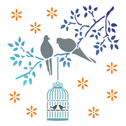 MaxxxMart - Trees With Birds And Branches Wall Stencil (Inches)