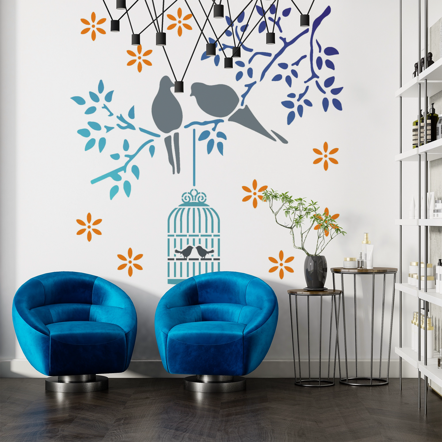 MaxxxMart - Trees With Birds And Branches Wall Stencil (Inches)