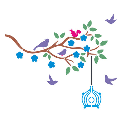 MaxxxMart - Trees With Birds And Branches Wall Stencil (Inches)