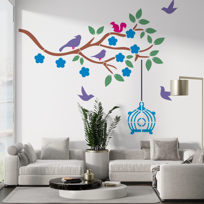 MaxxxMart - Trees With Birds And Branches Wall Stencil (Inches)